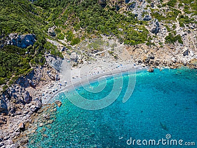 Aerial view of the beach at Kastro, Skiathos island Stock Photo