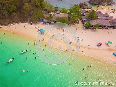 Aerial view of beach at Koh Khai, a small island, with crowd of people, tourists, blue turquoise seawater with Andaman sea in Editorial Stock Photo