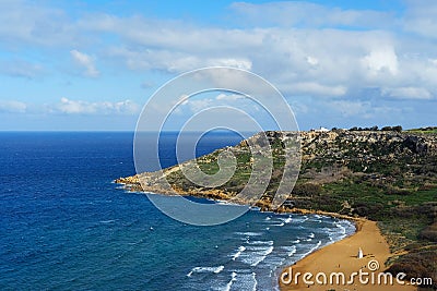 Aerial view on beach in Ramla Bay - Ir-Ramla l-Ä¦amra `The Red Sandy Beach` in Gozo Stock Photo