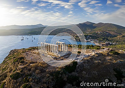 Aerial view of the beach and Temple of Poseidon at Cape Sounion, Greece Stock Photo