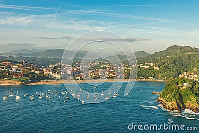 Aerial view of beautiful bay of San Sebastian or Donostia with yachts and beach La Concha at sunrise, Spain Stock Photo