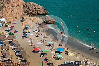 Aerial view of the beautiful beach of Nerja in Spain Editorial Stock Photo