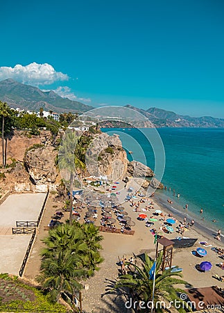 Aerial view of the beautiful beach of Nerja in Spain Editorial Stock Photo