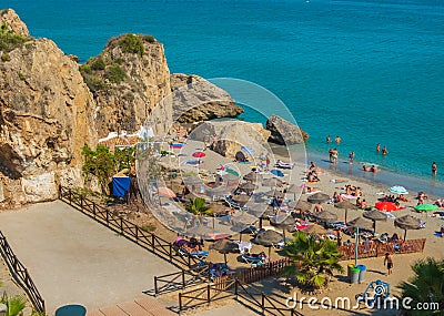 Aerial view of the beautiful beach of Nerja in Spain Editorial Stock Photo