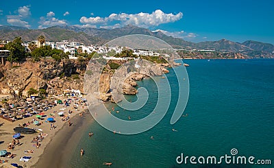 Aerial view of the beautiful beach of Nerja in Spain Editorial Stock Photo
