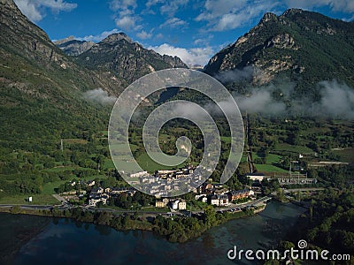 Aerial view of the beautiful Benasque Valley, Pyrenees Stock Photo