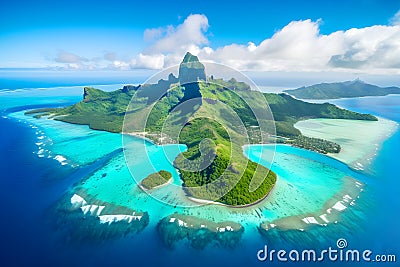 Aerial view of the beautiful Bora Bora island, ai generative illustration Cartoon Illustration