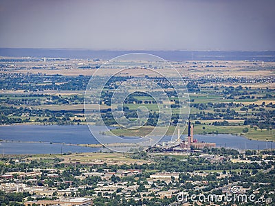 Aerial view of the beautiful Boulder cityscape with Valmont Power Station Stock Photo