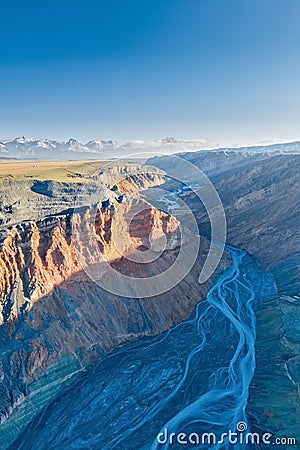 Aerial view of beautiful canyon landscape in xinjiang Stock Photo