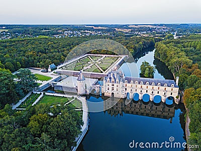 Aerial view on Chenonceaux Castle during sunset in Loire Valley, France Editorial Stock Photo