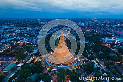 Aerial view of Beautiful Gloden pagoda at sunset. Phra Pathom Chedi temple in Nakhon Pathom Province Thailand Stock Photo