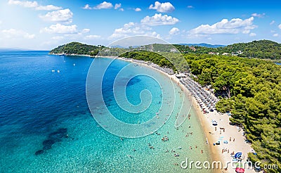 Aerial view of the beautiful Koukounaries beach on the island of Skiathos Stock Photo