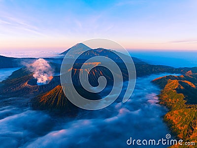 Aerial view Beautiful landscape scenery of Mount Bromo National Park from the top of the king kong hill,Amazing view landscape in Stock Photo