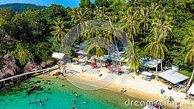 Aerial view of beautiful landscape, tourism boats, and people swimming on the sea and beach on May Rut island (a tranquil island Editorial Stock Photo