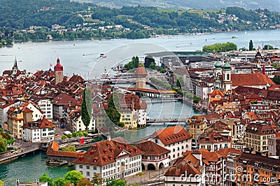 Aerial view of beautiful Lucerne City by lakeside with wooden Chapel Bridge Kapellbrucke Stock Photo