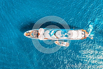 Aerial view of beautiful luxury yacht and boat in blue sea Stock Photo