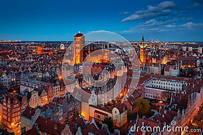 Aerial view of the beautiful main city in Gdansk at dusk, Poland Stock Photo