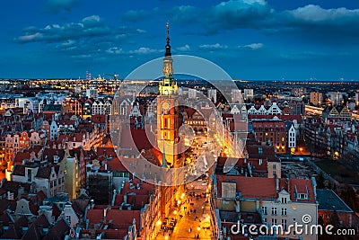 Aerial view of the beautiful main city in Gdansk at dusk, Poland Stock Photo