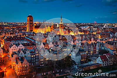 Aerial view of the beautiful main city in Gdansk at dusk, Poland Stock Photo