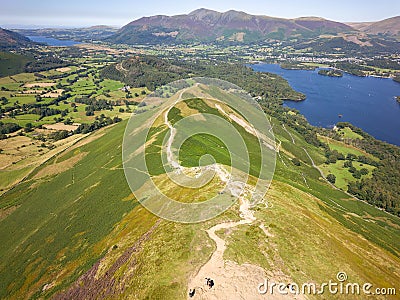 Aerial view of a beautiful mountain ridge in the English Lake District in summer (Catbells towards Keswick Stock Photo