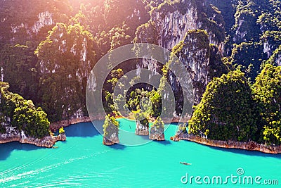 Aerial view of Beautiful mountains in Ratchaprapha Dam at Khao Sok National Park, Surat Thani Province, Thailand. Stock Photo