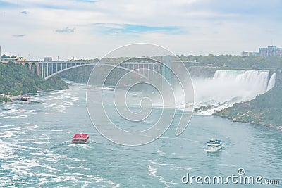 Aerial view of the beautiful Niagara Falls and Rainbow International Bridge Editorial Stock Photo