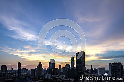 Aerial view beautiful sunset Bangkok city downtown skyline of Thailand Stock Photo