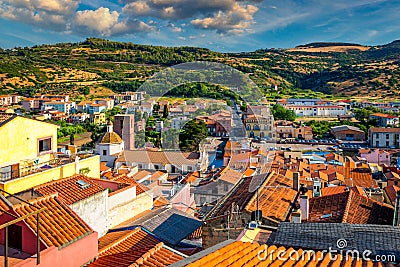 Aerial view of the beautiful village of Bosa with colored houses and a medieval castle. Bosa is located in the north-wesh of Stock Photo