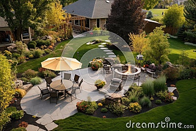 aerial view of a beautifully landscaped backyard with fire pit Stock Photo