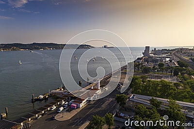 Aerial view of the BelÃ©m neighborhood in the city of Lisbon with sail boats on the Tagus River Editorial Stock Photo