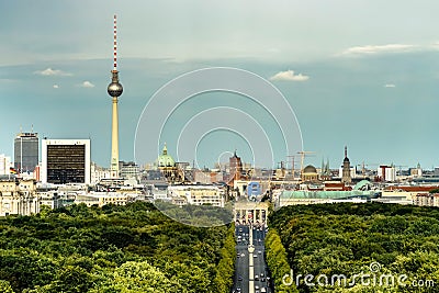 Aerial view of Berlin skyline with famous TV tower and Branderburg gate Editorial Stock Photo