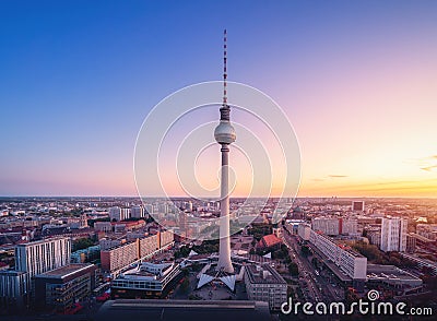 Aerial view of Berlin with Berlin Television Tower (Fernsehturm) at sunset - Berlin, Germany Editorial Stock Photo