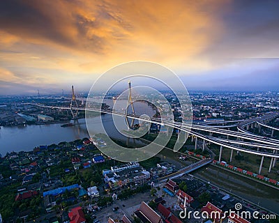 aerial view of bhumibol bridge crossing chaopraya river one of famous bangkok landmark Stock Photo