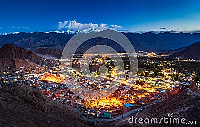 Aerial view of Leh city at night, Ladakh, India Stock Photo