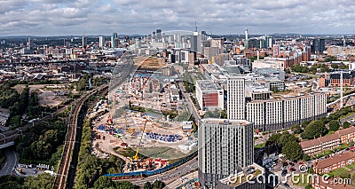 Aerial view of a Birmingham cityscape skyline with HS2 construction site Editorial Stock Photo