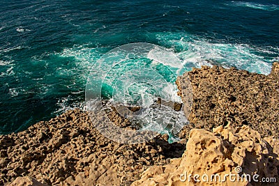 Aerial view of Black Sandy Beach, Coast of Atlantic Ocean and Cliffs in Ajuy, Furteventura, Canary Islands, Spain Stock Photo