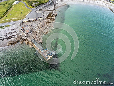 Aerial view of Blackrock beach with Diving tower in Salthill Stock Photo