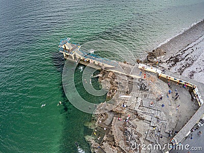 Aerial view of Blackrock beach with Diving tower in Salthill Stock Photo