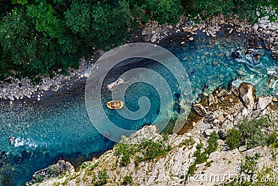 Aerial view of the blue river. Rafting in canyon of river Tara. Editorial Stock Photo