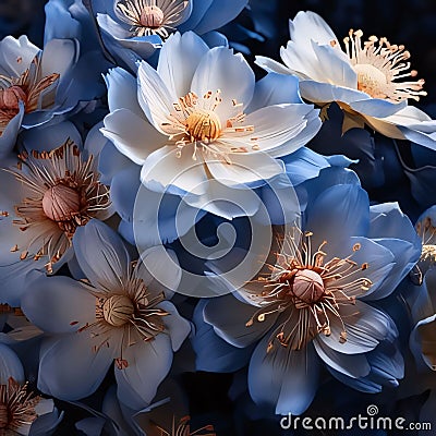 An aerial view of blue and white flowers. Flowering flowers, a symbol of spring, new life Stock Photo