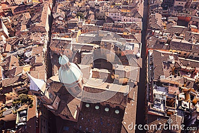 An aerial view of Bologna historic city center, highlighting the domes of the Church of Saints Bartholomew and Cajetan Stock Photo