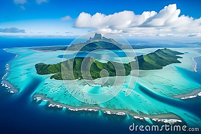 Aerial view of Bora Bora island, ai generative illustration Cartoon Illustration