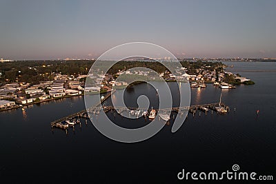 Aerial view of the Braden River with boat docks at sunrise, Florida, United States Stock Photo