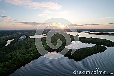 Aerial view of the Braden River with forests at sunrise, Florida, United States Stock Photo