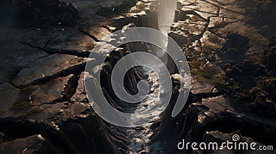 Dramatic Octane Render: Cracked Wasteland Waterfall In Top-down Perspective Stock Photo