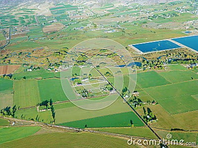 Aerial view, bright green grassy fields Stock Photo