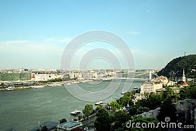 Aerial view of Budapest from Buda hill, with the Danube river and the Erzsebet bridge. Stock Photo