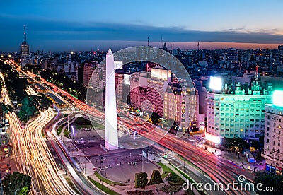 Aerial view of Buenos Aires city with Obelisk and 9 de julio avenue at night - Buenos Aires, Argentina Stock Photo