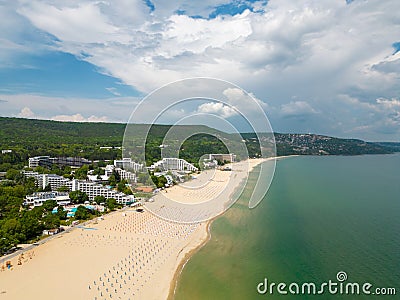 Aerial view of the Bulgarian town of Albena unfolds along the picturesque seaside. Its sandy beaches, stretching as far Stock Photo