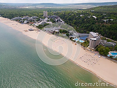 Aerial view of the Bulgarian town of Albena unfolds along the picturesque seaside. Its sandy beaches, stretching as far Stock Photo